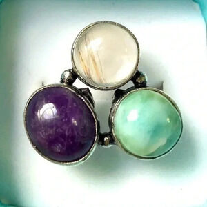 SZ 8.5 Larimar Amethyst Quartz 925 Sterling Silver Ring